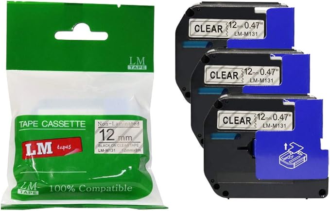 3/Pack LM Tapes - Premium Compatible 1/2" (12mm) Black on Clear M Series P-Touch Tape, Replaces M131