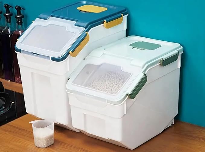 Large Flour Storage Container Bin 25Lb, 2Pack Airtight Rice Storage Containers with Wheels Seal Locking Lid, BPA Free with Measuring Cup&Scoop for Flour, Rice, Grain(Blue)