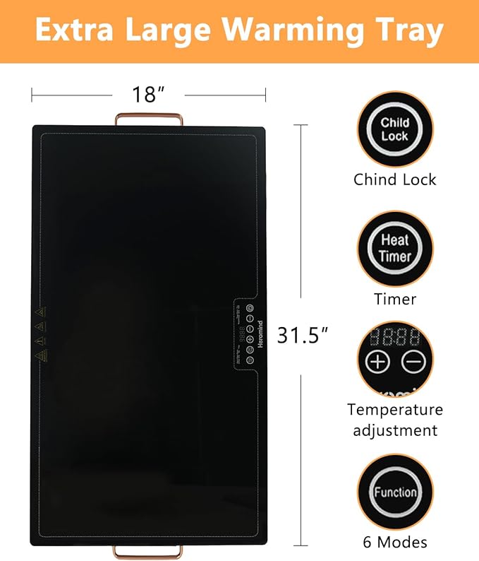 Electric Warming Tray 31.5" × 17.7", Glass-Top Full-Surface Food Warmer with Adjustable Temperature & Timer, Buffet Warming Tray for Parties, Sabbath, Holiday Parties, Daily Dining