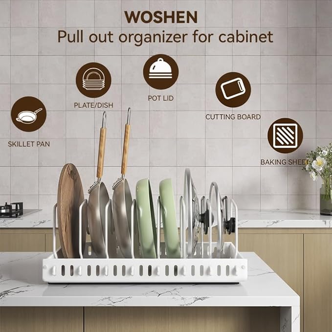 Pull-Out Pots and Pans Organizer, 2 Pack Under Cabinet Pot Lid Holder, Slide Lid Organizers Inside Cabinet, Pot Lid Organizer for Kitchen, Bakeware, Dishes, 8 Adjustable Dividers - White