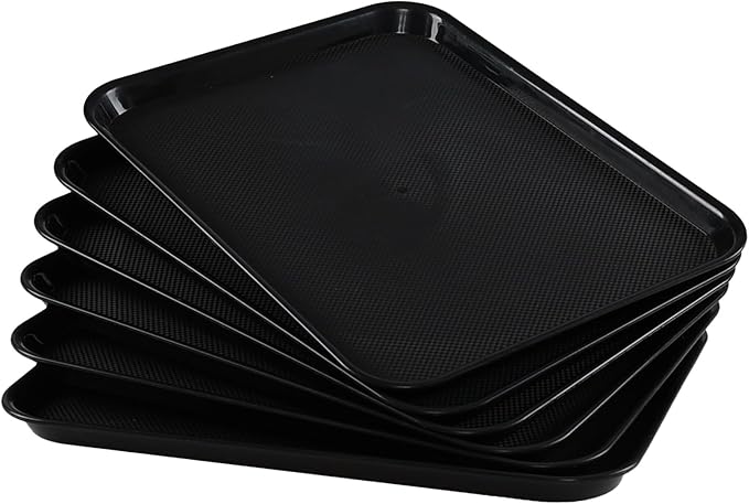Taysisiter Plastic Fast Food Serving Tray, Black Rectangular Tays, 6 Packs