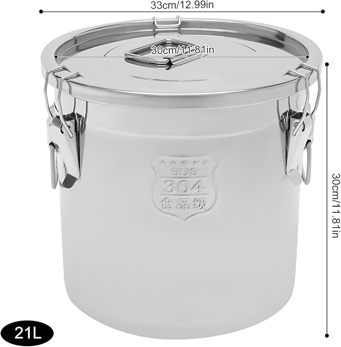 Stainless Steel Airtight Canister for Kitchen, 21L/5.54Gal Metal Food Storage Container Flour Bucket with Lid & Clamps, Bean Rice Cereal Canister Holder for Kitchen Restaurant, D13*H11.8in