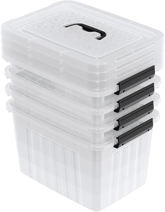 Set of 4 Storage Bins with Latch Lids, Clear Plastic Storage Box with Handle, 18 L