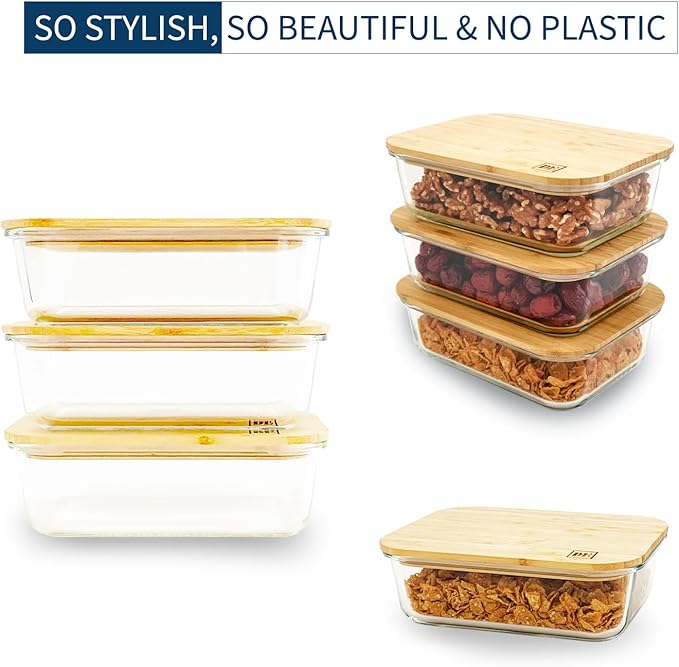DE Plastic-Free Glass Storage Containers (3-Pack, 51oz) with Bamboo Lids β Eco-Friendly, Airtight, Reusable β Oven, Microwave & Dishwasher Safe β BPA-Free & Sustainable.