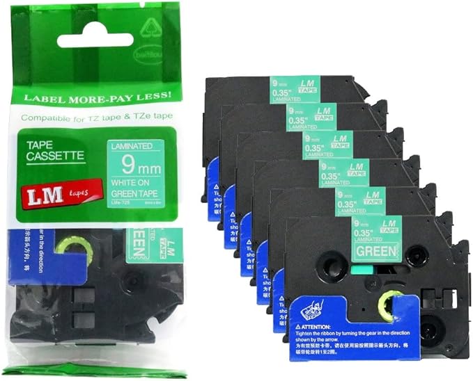 6/Pack LM Tapes - LMe-725 Premium 3/8" White Print on Green Label Compatible with Brother TZe725 Tape and Includes Tape Color/Size Guide. Replaces TZ-725 9mm 0.35 Laminated.