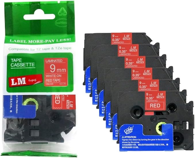 6/Pack LM Tapes - LMe-425 Premium 3/8" White Print on Red Label Compatible with Brother TZe425 Tape and Includes Tape Color/Size Guide. Replaces TZ-425 9mm 0.35 Laminated.