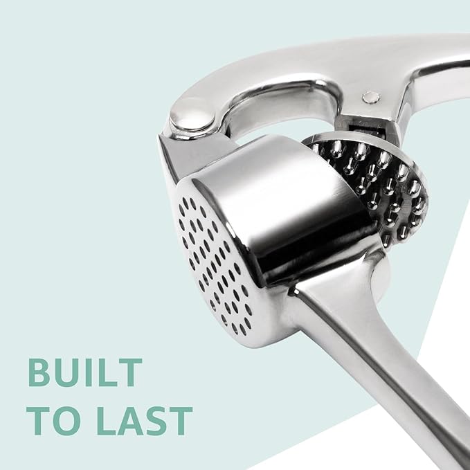 GD Premium Garlic Press Set – Rust-Proof Garlic Mincer Crusher smasher Tool – Easy-Squeeze, Easy-Clean with Soft Ergonomic Handle – Dishwasher Safe, Includes Silicone Peeler & Brush (Imperial Silver)