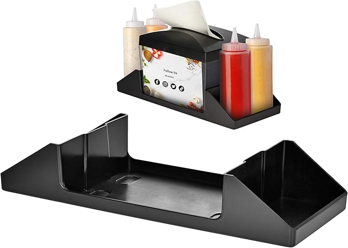 Alpine Tabletop Commercial Napkin Dispenser Restaurant Napkin Holder for Interfold Napkins with Condiment Holder & 2 Side Marketing Space Insert for Restaurants, Cafeterias, Food Trucks, Clubs - Black