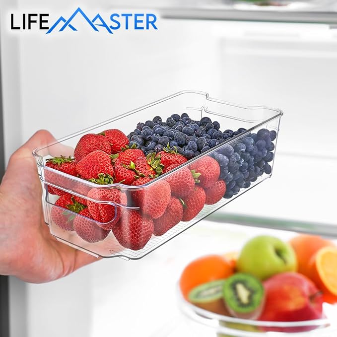 2-Piece Stackable Refrigerator Bin Organizer Set with Easy Grip Handles - Clear Multi-Purpose Storage Bins for Fridge and Pantry Use
