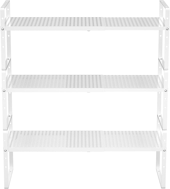 Redrubbit Large Expandable Cabinet Storage Shelf, Adjustable Height Steel Metal Kitchen Counter Organizers Shelves Spice Rack for Kitchen Pantry Bathroom Cupboard Desk Home Office, White-3 Pack