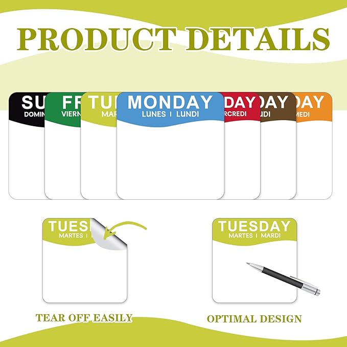 7000 Pcs Day of The Week Labels Food Labels Monday Through Sunday Management Inventory Stickers Removable Weekly Self Adhesive Date Dot Stickers for Restaurant Kitchen Containers (Square)