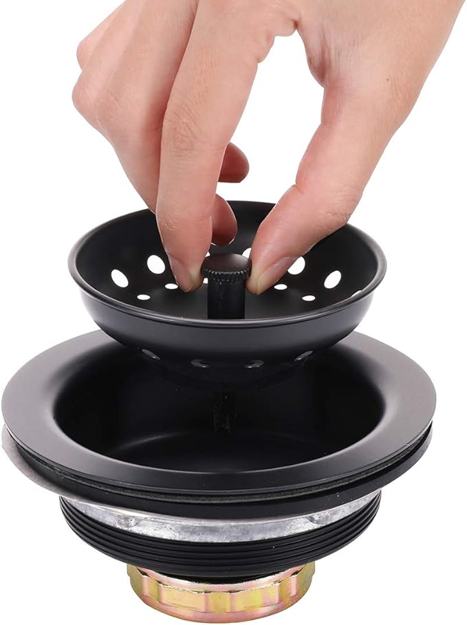KONE 3-1/2 Inch Kitchen Sink Stainless Steel Basket Strainer Water Stopper with Drain Assembly, Black Finish Rustproof and Durable
