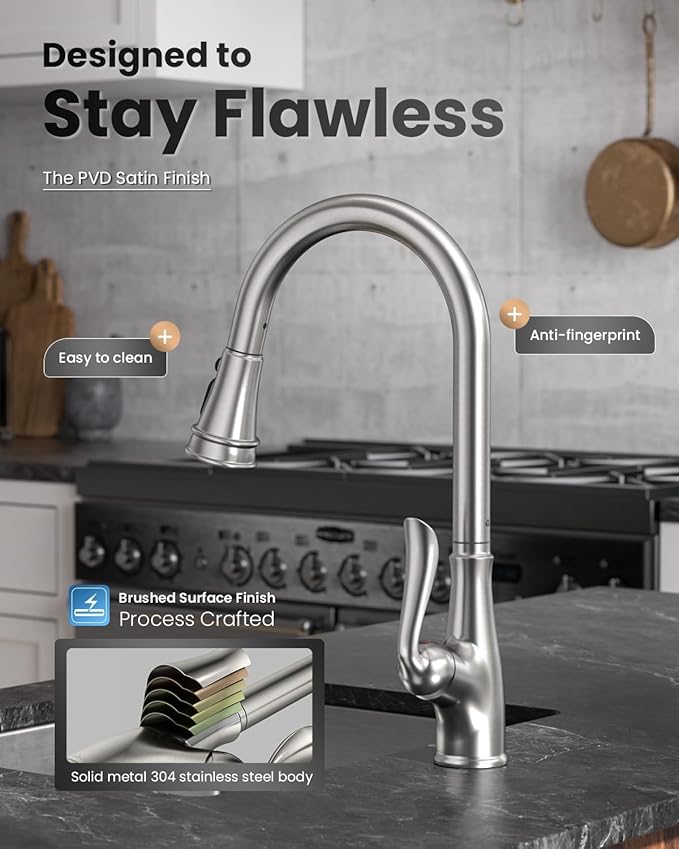 APPASO Patented Brushed Nickel Kitchen Faucet, Single Handle Kitchen Faucet with Pull Down Sprayer, Stainless Steel High Arch, cUPC-Certified Pull-Out Hose, Water Supplies & Valve