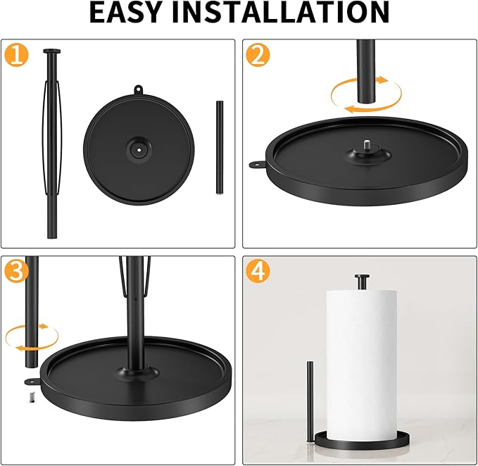 Paper Towel Holder Countertop, Stainless Steel Paper Towel Holder for Kitchen Roll Dispenser, Freestanding Paper Towel Holders with EVA Non Slip Base, Black