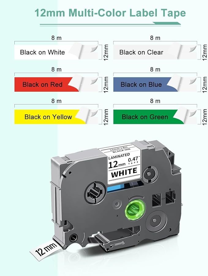 6-Pack 12mm 0.47" Laminated Label Tape Compatible for Brother P Touch Label Tape Tze Tz 12mm 0.47" Multi-Color Tze 231 131 431 531 631 731 1/2" Inch for PT-D220 PT-D210 PT-H130W PT2430 PTD400