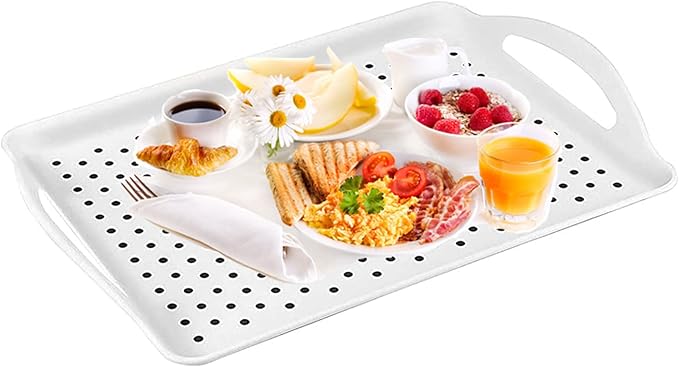 HEIHAK 4 Pack Anti-Slip Serving Tray with Handles, Rectangular Silicone Dots Lap Food Serving Tray for Eating, Home, Restaurant, White, 16.5 x 11.4 x 1.6 Inch