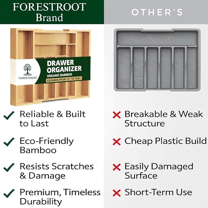 Forestroot Bamboo Drawer Organizer, Expandable 8-Slot Silverware & Utensil Tray for Kitchen Drawers, Fits 13β19.5 Inch Drawers, Deep Compartments, Durable & Eco-Friendly Natural Bamboo