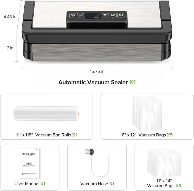 95kPa Vacuum Sealer Machine, Fully Automatic Food Sealer, Touch Display, 10-in-1 Functions & Powerful Sealing System with Double Heat Seal, Easy-Lock Handle, Built-in Cutter(Black)