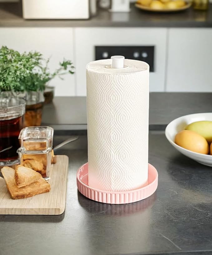 VROOMIUM Paper Towel Holder Countertop, Ceramic Base Easy-to-Clean, 1.5 lbs, 7" B x 12.5" H, Stable Elegant and Durable Kitchen Roll Stand, Cute Pink
