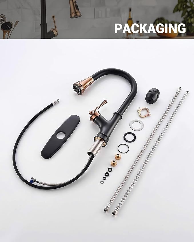 APPASO Matte Black and Rose Gold Pull Down Kitchen Faucet with Easy-Retract Sprayer - Single Handle High Arc One Hole, CUPC-Certified Pull-Out Hose, Water Supplies and Valve Core