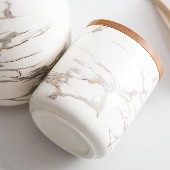 JOJUNO White Ceramic Canister Set with Bamboo Lid – 3-Piece Airtight Food Storage Jars for Kitchen Counter – Glossy Marble Design, Ideal for Flour, Sugar, Coffee, Tea, Spice – Small, Medium, Large