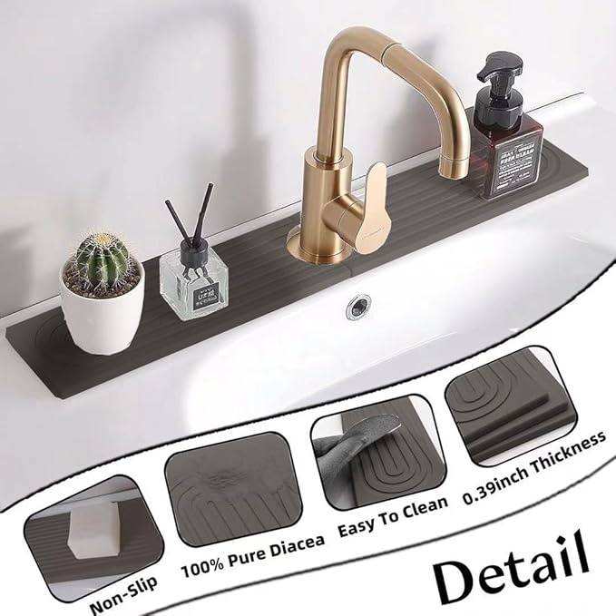 Quick Drying Stone Faucet Mat for Kitchen Sink, 15.7'' Long Diatomite Sink Tray, Faucet Splash Guard for Kitchen,Bathroom Counter, Prevents Moisture, Super Absorbent, White (Dark grey)