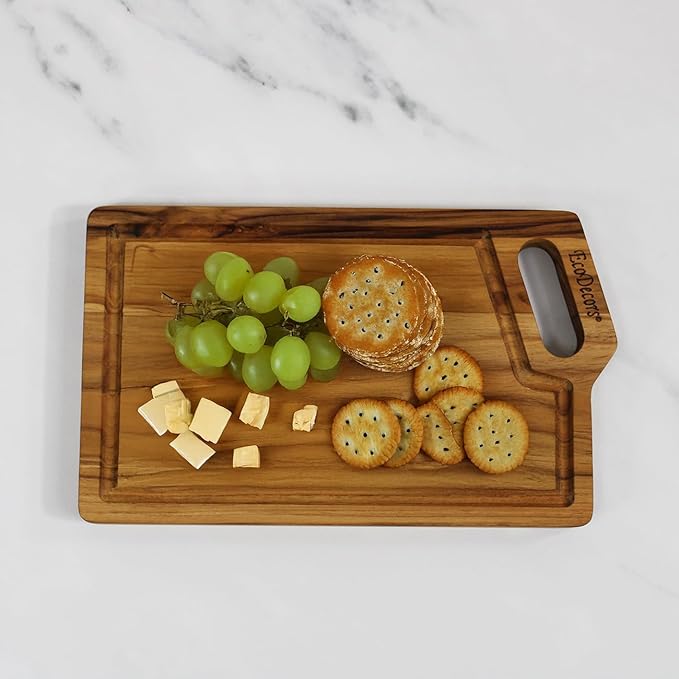 EcoDecors 10"x6" Teak Cutting Board with Juice Groove & Handle, FSC Certified Edge Grain Wood, Small Serving Board for Kitchen, Snacks & Charcuterie