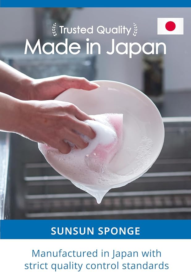 SunSun Sponge Kitchen Sponges, Made in Japan All Surface Scratch-Free Odor Resistant Durable Long-Lasting Sponge for Dishwashing, Pastel Color, 4 Count
