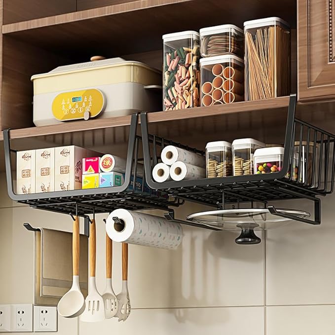 Under Shelf Storage Basket Multipurpose All Metal Under Shelf Wire Basket for Kitchen Office Pantry Desk Bookshelf M Black for Kitchen Pantry Bookshelf (Large Black/22 * 15 * 14cm)