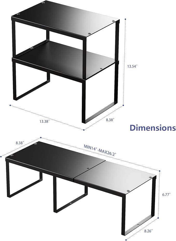 Cabinet Organizer Shelf, Set of 2 Cabinet Shelves, Stackable Metal Kitchen Counter Organizer, Adjustable Countertop Cupboard Pantry Shelf Riser Storage Rack, Black