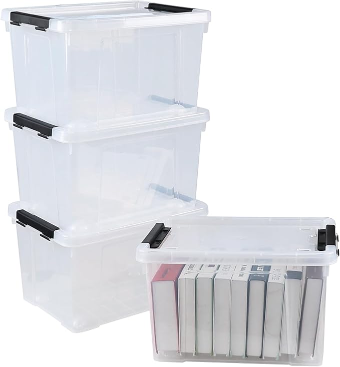 Morcte 23 L Plastic Clear Storage Bin with Lids and Latching Buckles, 4-Pack Stackable Clear Storage Box with Wheels