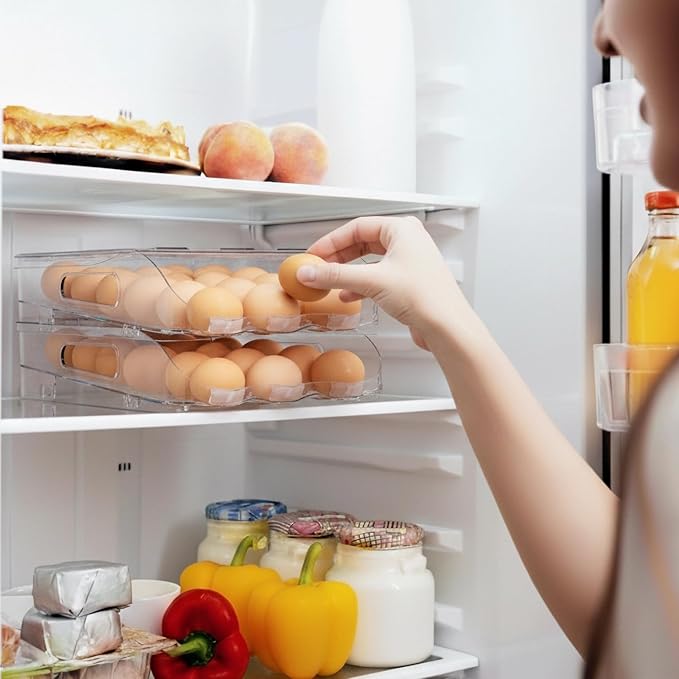 Egg Holder for Fridge, Automatic Steady Rolling Egg Dispenser with Silicone Bumpers & Handle for Refrigerator, Large Capacity Egg Organizer with Lid
