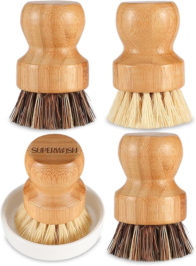 Bamboo Scrub Brush Clean Pan, Dish and Vegetable, Natural Bristles Palm Pot Brush 4 Pack Round Mini Dish Brush with Ceramic Holder for Kitchen Sink Cleaning
