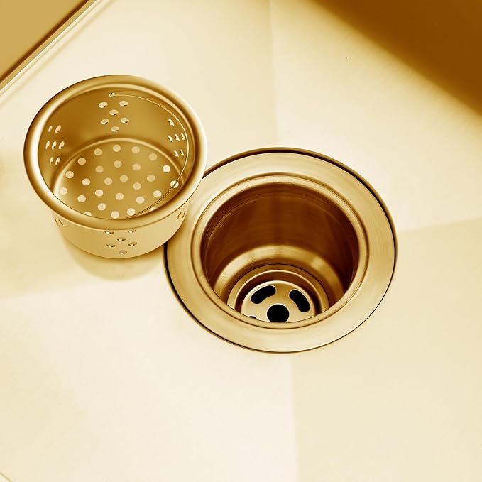 POPFLY SUS 304 Stainless Steel Deep Sink Strainer Basket – Fits Standard 3-1/2" Kitchen Drains, 2.5" Replacement Option – Removable Drain Basket with Handle for Easy Food Debris Cleaning, Gold