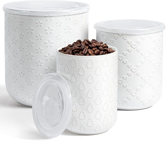 Kitchen Utensil Holder for Countertop, Ceramic Utensil Holder for Kitchen Counter, Set of 3, Kitchen Decor, Utensil Organizer for Spatulas and Spoons, Flower Arrangement and Storage for Coffee (White)