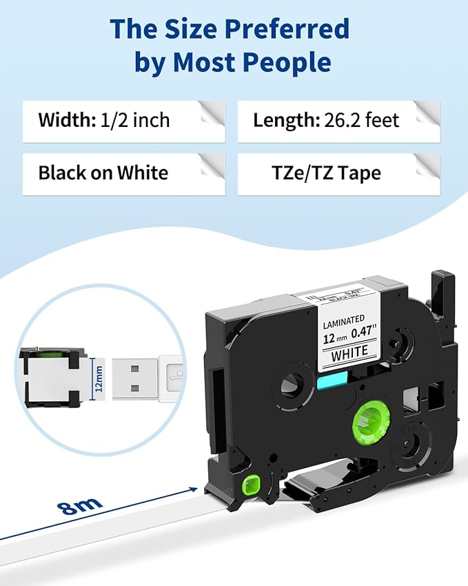8-Pack TZe-231 TZe231 TZe TZ Tape 12mm 0.47 Laminated White Replacement for Brother P Touch Label Tape Label Maker Refills, Compatible with Brother PT-D220 D210 H110 D400 D600, 1/2 Inch