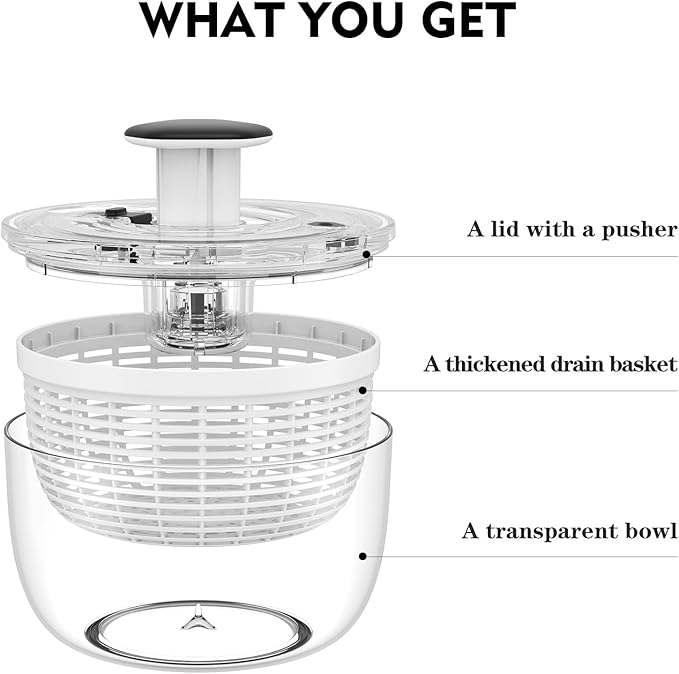 Ourokhome Salad Spinner Lettuce Dryer, One-handed Easy Press Large Vegetable Dryer Salad Mixer with Comfortable and Retractable Pusher and Brake Button for Greens, Herb, Berry, Fruits, 3.8 QT, Black