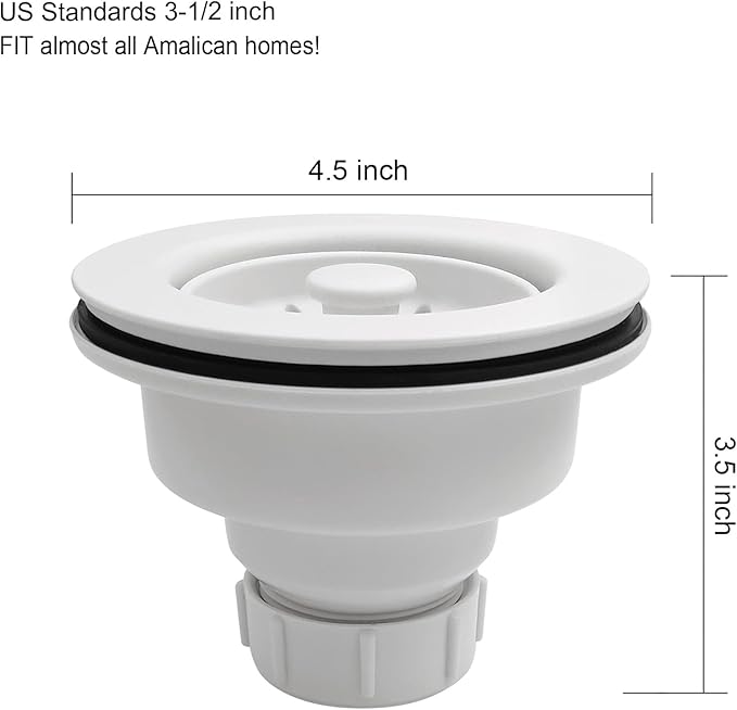 White 3.5 Inch Kitchen Sink Drain Basket Strainer Assembly Kit Polymer Removable Waste Basket and Stopper Matched Color for Ceramic/Granite and Fireclay Sinks