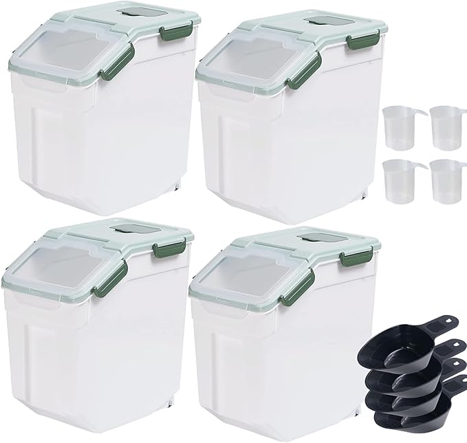 Large Flour Storage Container, 4-Pack 25lbs Rice Containers with Measuring Cup & Scoop, BPA Free Rice Dispenser, Cereal & Dog Food Containers, Kitchen Organizer for Beans, Oatmeal and Grains (Green)