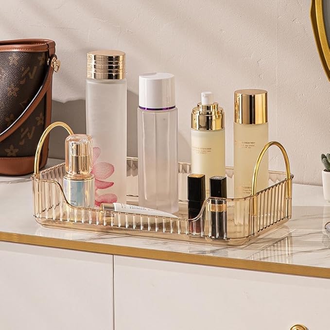Bathroom Organizer Countertop, Vanity Tray for Skincare Makeup, Counter Organizer for Cosmetics, Toiletries, Lotions, Perfumes (1 Tier, Amber)