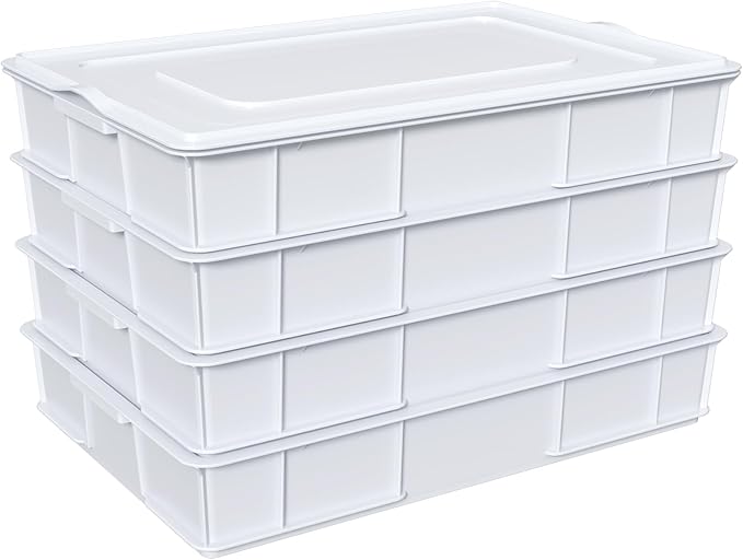 Qskely 4 Pack Commercial Pizza Dough Proofing Box with Lid, Plastic Stackable Pizza Proofing Dough Trays, 23.62" x 16.42" x 3.74", White