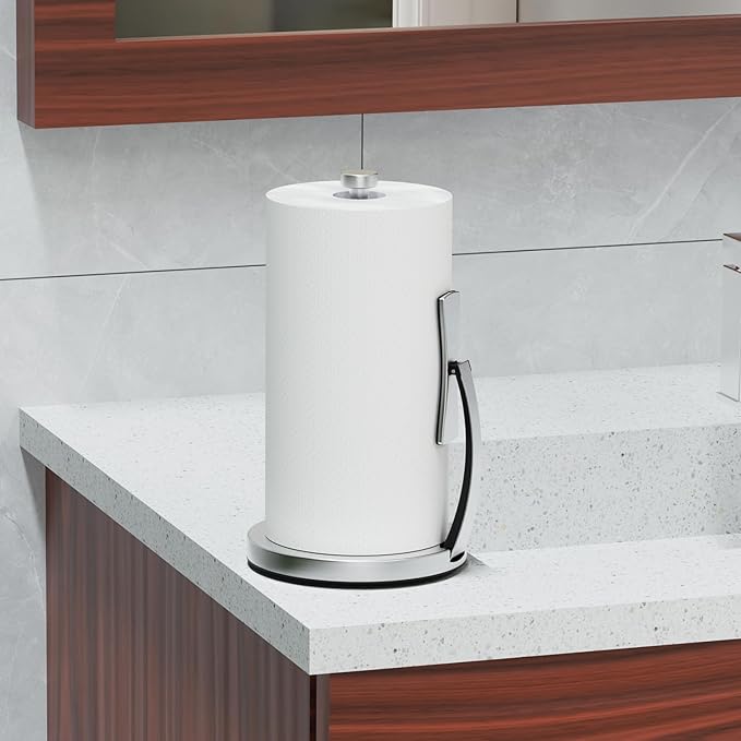 VEHHE Paper Towel Holder Countertop, Paper Towel Holder with Spring Activated Arm and Damping Effect, Simply Tear Paper Towel Stand for Bathroom and Kitchen (Silver)