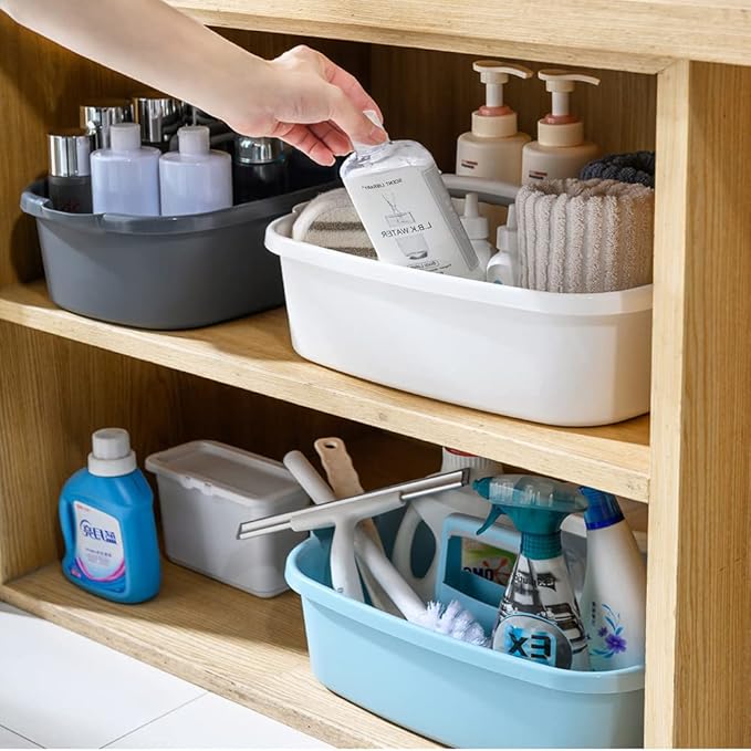 Large Plastic Cleaning Supply Caddy with Handle, Portable Cleaning Tool Storage Tote for Dorm, Bath, Pantry (Dark Grey)