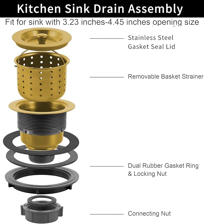 Sink Strainer Kitchen Sink Drain Assembly Kit 3-1/2 Inch with Kitchen Sink Drain Basket,304 Stainless Steel Sink Stopper & Cover Lid,Stainless Steel Gold Color