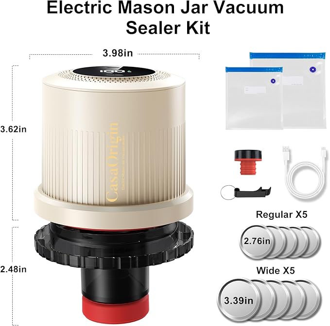 Electric Mason Jar Vacuum Sealer Kit for Wide & Regular Mouth Jars, Automatic Jar Sealer for Canning and Food Storage, Includes Lids & Vcuum Bags