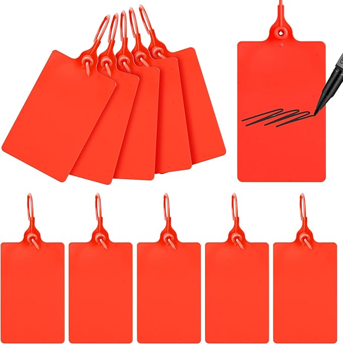 100 Plastic Waterproof Shipping Tags - Writable Marker Ties, Hanging Security Tamper Seals for Labeling and Storage - With One Marker Pen (Red)