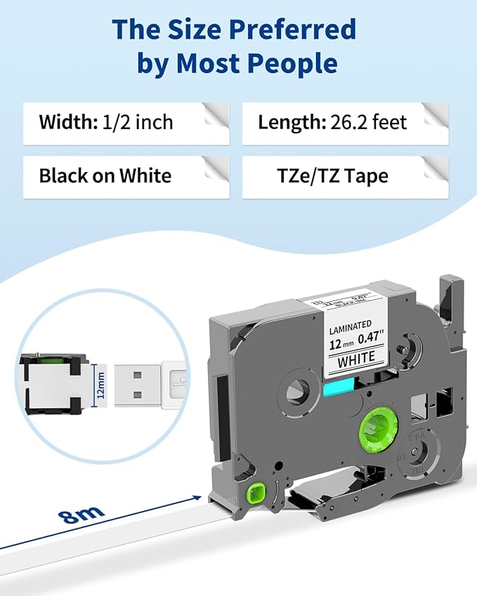 Greateam Label Maker Tape Replacement for Brother P Touch Label Tape 12mm 0.47 Laminated White TZe-231 TZe231 TZe TZ Label Maker Refills for Brother PT-D220 D210 H110 D410 D610BT, 12mm x 8m, 6-Pack