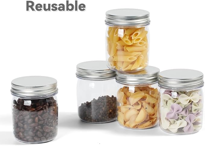 Plastic Mason Jars Reusable Storage Containers with Silver Airtight Lid 8 Ounce Clear Jars for Dry Foods, Coffee,BPA Free (32 Pack-Sliver)