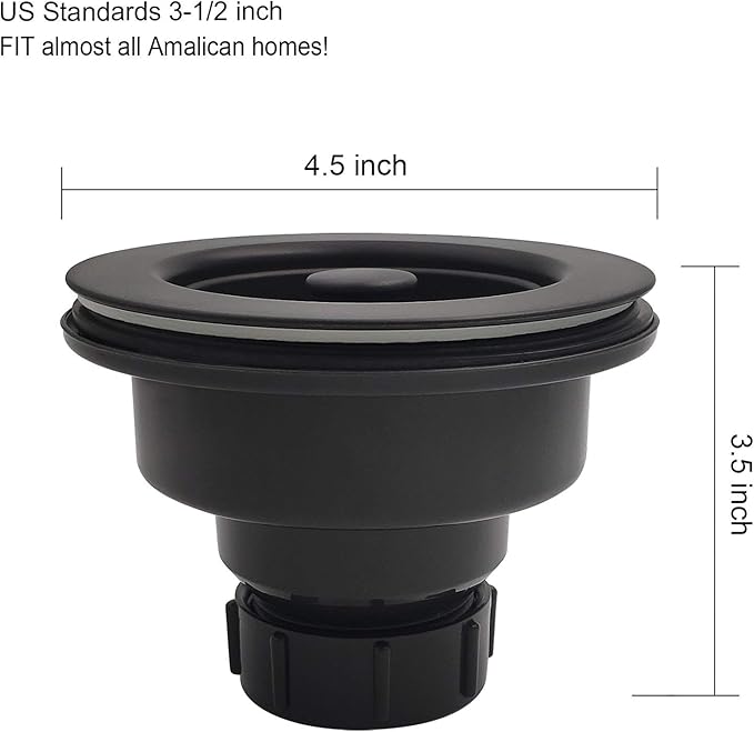 3-1/2 Inch Kitchen Sink Basket Strainer and Stopper Drain Assembly Matte Black with Removable Waste Basket Matched Color for Granite and Fireclay Sinks