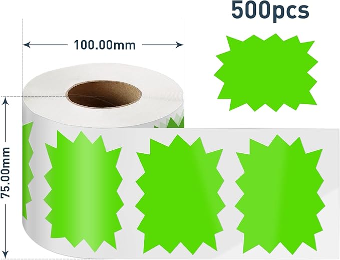 Price Tags Stickers Green 4 x 3 Inches Self-Adhesive Large Sale Sticker Starburst Signs Removable Waterproof Labels for Retail Store Market Business 500 PCS